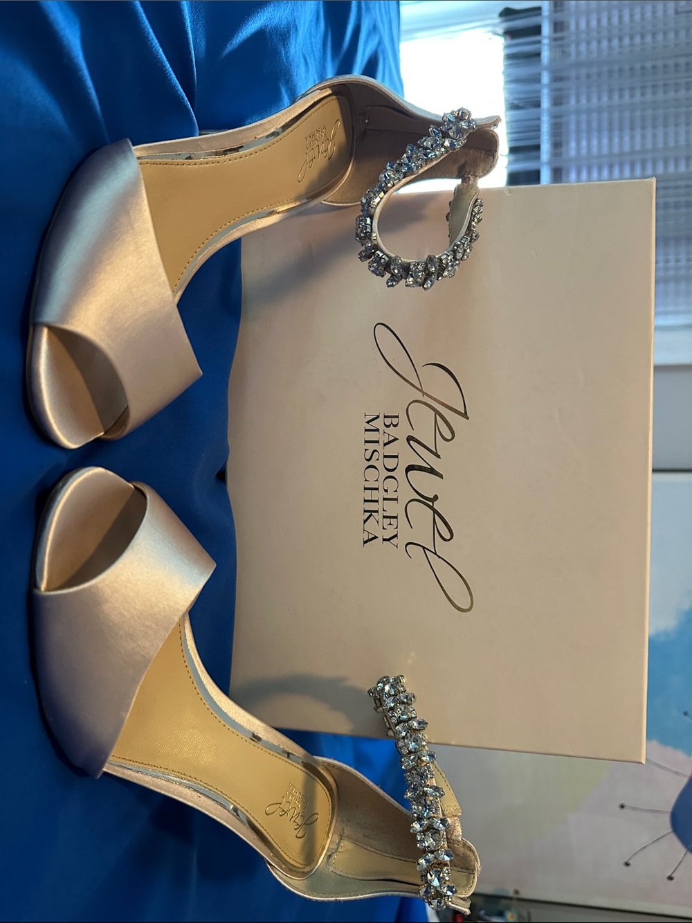 Badgley Mischka Champagne Satin Peep-Toe Heels with Crystal Ankle Straps